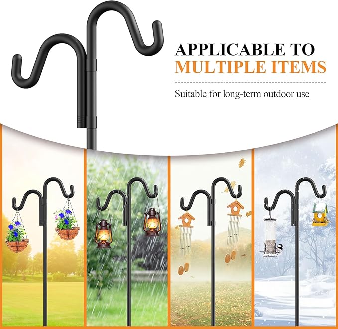 92" Double Hooks Heavy Duty Adjustable Bird Feeder Pole with Sturdy 5-Prong Base, Height Adjustable Shepherds Hook for Hanging Feeders, Plants, Solar Lanterns & Wind Chimes (2026 Upgrade)
