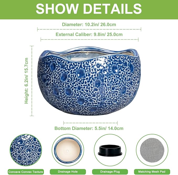 10 Inch Plant Pot - Ceramic Pots for Plants Indoor Outdoor, Round Bonsai Pots with Drainage Hole, Decorative Flower Pot, Modern Unique Planters, House Decor, Housewarming Gifts, Blue