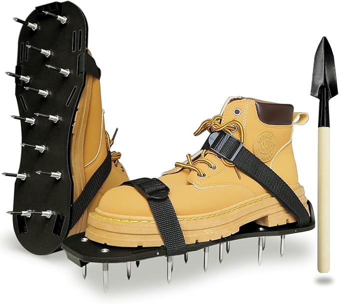 Lawn Aerator Shoes with Adjustable Straps & Shovel - for Lawn Aeration or as Screed Shoes - Lawn Aerator Shoes as the Perfect Aerator Tool - Spike Shoes - Large