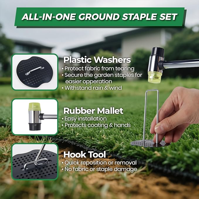 6 Inch Landscape Fabric Staples, 50Pcs Garden Stakes Galvanized +50Pcs Gasket +Pick Hook +Rubber Mallet, U Shaped Weed Barrier Stakes 11 Gauge Lawn Staples Landscape Pins for Yard, Sod, Weed Mat