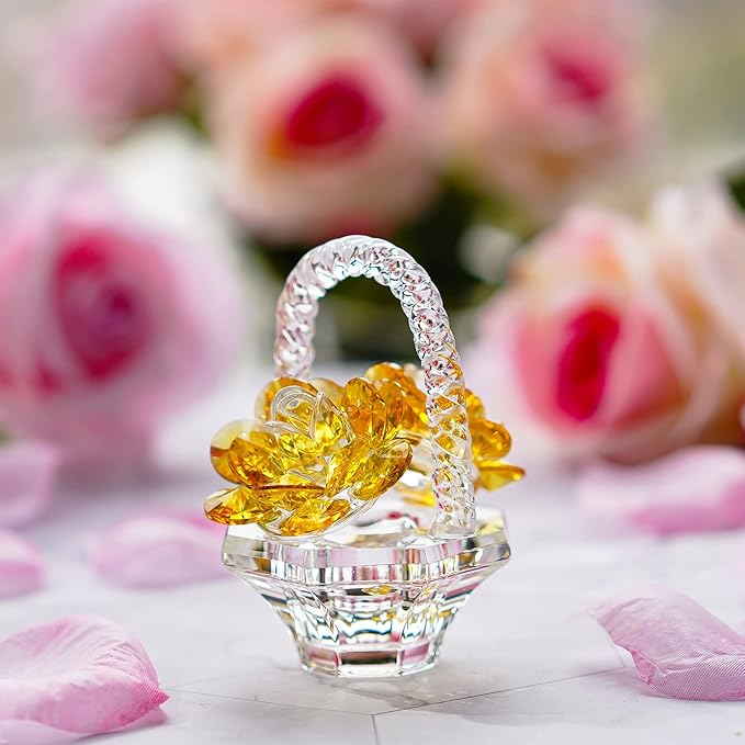H&D HYALINE & DORA Crystal Flower Basket Figurine Collectable Ornaments Home Decor Tabletop Centerpiece Gift for Lady，Yellow Color