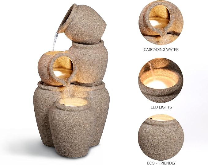 29.53” H 3-Tiers Cascading Jars Outdoor Water Fountain Made with Eco-Friendly Recyclable Materials, Polyethylene Waterfall Fountain, Outdoor Decor with LED Lights for Patio, Backyard