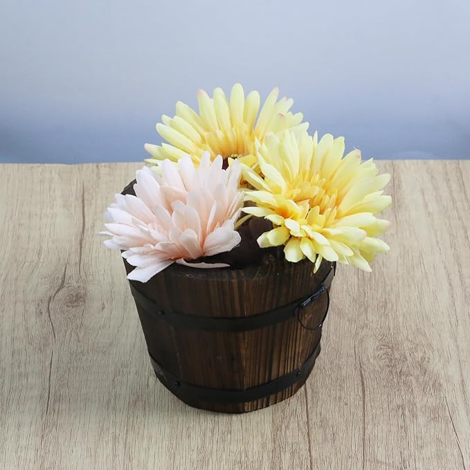 MY MIRONEY Plant Pots, Vintage Wooden Barrel Planter - Solid Rustic Garden Flower Pot with Metal Handles & Frame for Indoor Planter, Office Home Decor, Garden Home Plants, 4.72" x 3.94"