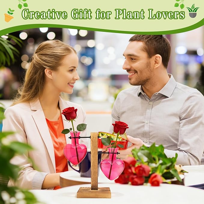 XXXFLOWER Plant Terrarium Propagation Station, Gifts for Mom Daughter Wife Plant Lover, Hydroponic Planter Bulb for Home Office Garden Decoration - 2 Pink Love Bulb Vase with Wooden Stand