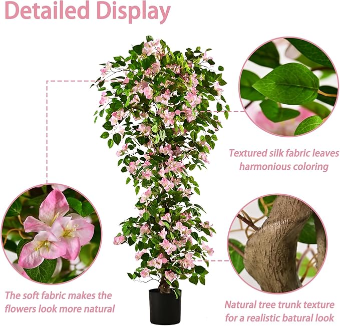Artificial Bougainvillea Tree -5FT Faux Bougainvillea Tree with Realistic Flowers, Tall Fake Flower Tree for Indoor or Outdoor Decor, Silk Floral Plant for Living Room, Porch, Garden (Pink/White)