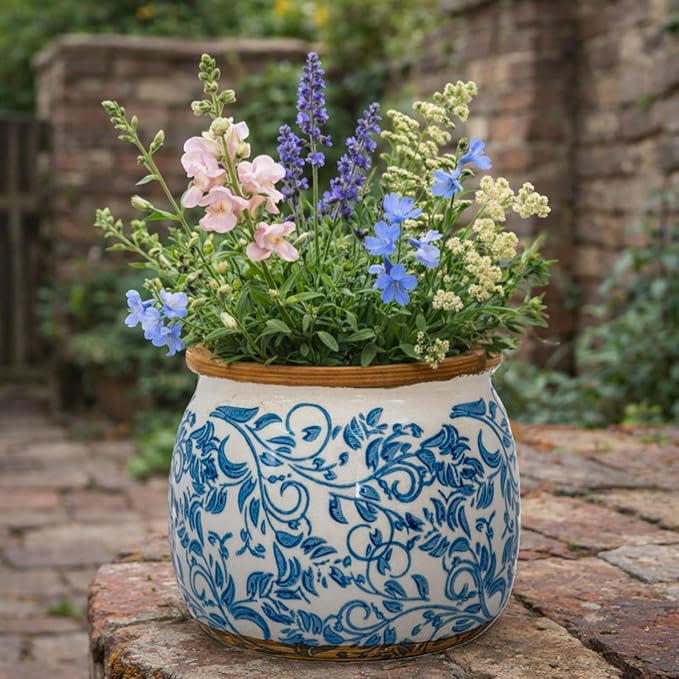 Vintage Ceramic Flower Pot - Indoor Outdoor Planters with Drainage Holes & Filter Screen, 6.5’’ Small Rustic Farmhouse Decorative Plant Pots for Garden/Patio/Balcony (Blue Vines, Small)