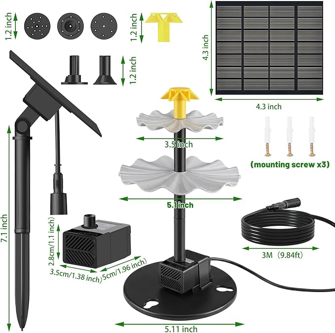 Solar Water Fountain, Upgrade Solar Fountain Pump Kit with 4 Nozzles & 9.94ft Cable, Outdoor 2w Solar Fountain for Bird Bath, Garden, Pool, Pond