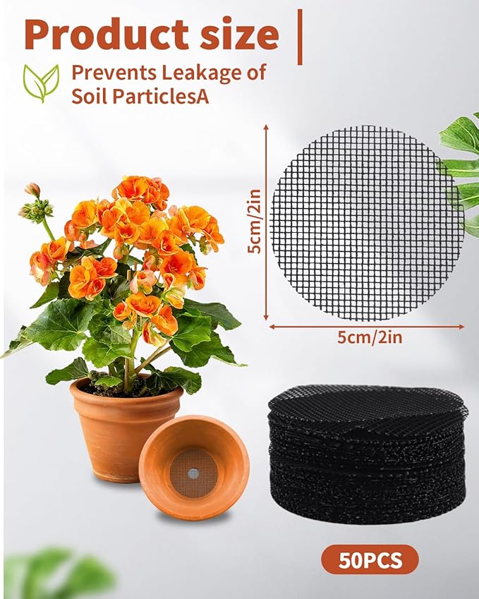50PCS Flower Pot Hole Mesh Pad, 2 inch Rounds Drainage Hole, Plant Pot Drainage Mat, Plant Potting Mat to Prevent Soil Loss, Gardening Gifts for Friend