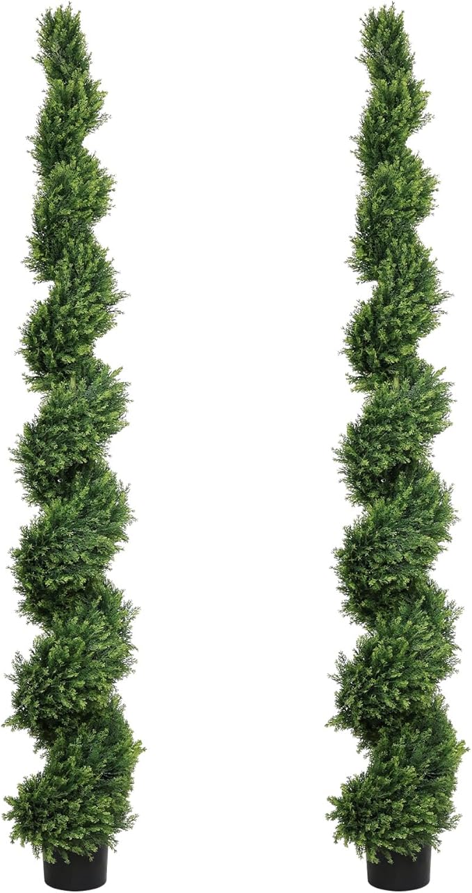 THE BLOOM TIMES 7ft Spiral Artificial Topiary Trees Set of 2, 82 inch Faux Cedar Trees for Outdoor Planters - Fake Twist Cypress Plants for Garden Front Porch Indoor Outside Christmas Decor 7 Foot