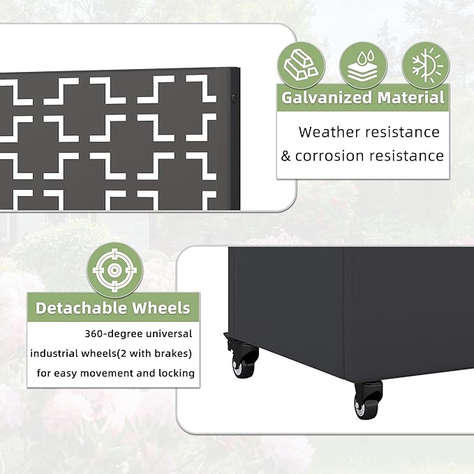 Casaphoria Metal Raised Garden Bed with Trellis and Wheels, 72"x47"x16" Planter Box for Climbing Plants, Vegetables & Vines, Features Drainage Holes and Privacy Screen, Black(Square&Shine)