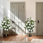 2 Pack 43.3"/3.6FT Artificial Camellia Tree Fake Outdoor Tree with 32 Blooming Flowers White Tree for Home Front Door Winter Christmas Indoor Decor (Including Faux Moss)
