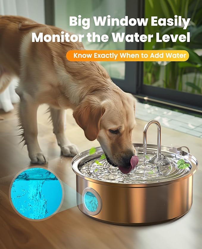Oneisall Dog Water Fountain PWF002 | 7L/230oz Contain 5 Set Filters,25dB Quiet,Stainless Steel,Visual Water,5-Layer Filtration