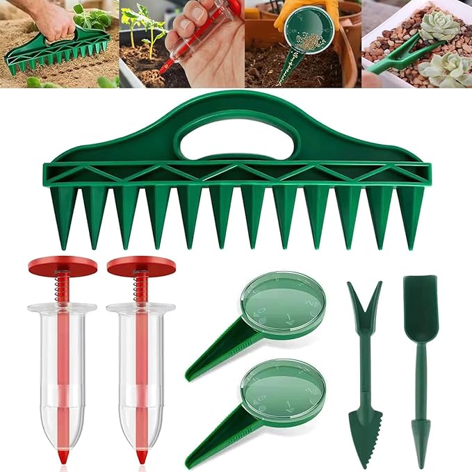 Drawpro 12-Hole Digger Seed Spreader,7 Piece Sowing Seeds Dispenser Set,Mini Seed Dispenser for Small Seeds, Handheld Seed Planter Tool Seed Dibber Multifunctional Spacer Gardening Tools (Green)