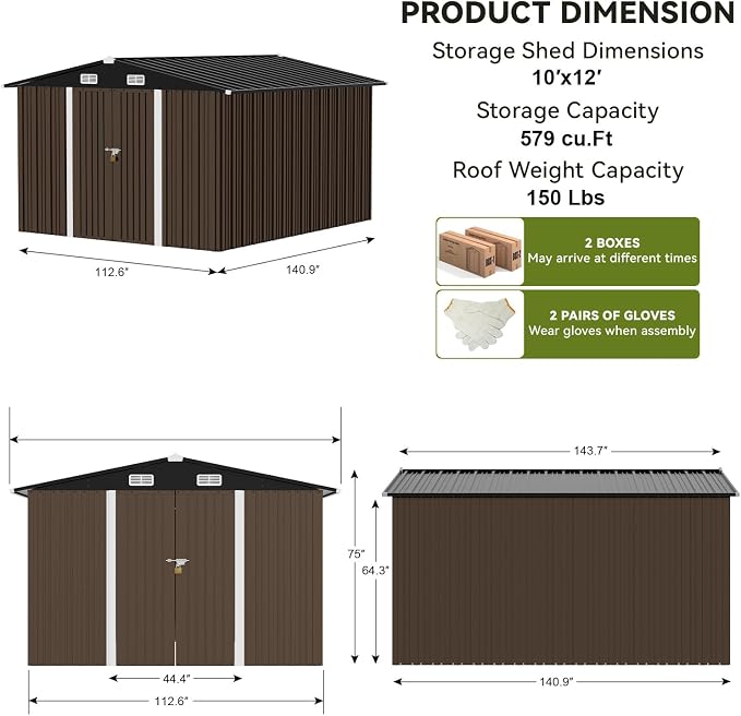 COMHOMA Shed Outdoor Storage Shed Metal,Lockable Doors Tool Sheds with Sloping Roof,Steel Garden Shed with Air Vent for Backyard,Patio,Lawn,Poolside (Brown, 10'x12')