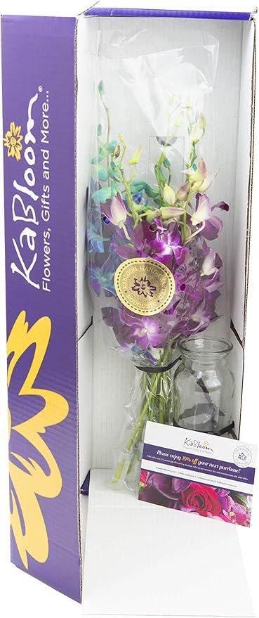 KaBloom - Bouquet of Blue and Purple Orchids with Vase - Fresh Flowers for Birthday, Valentine's & Mother's Day