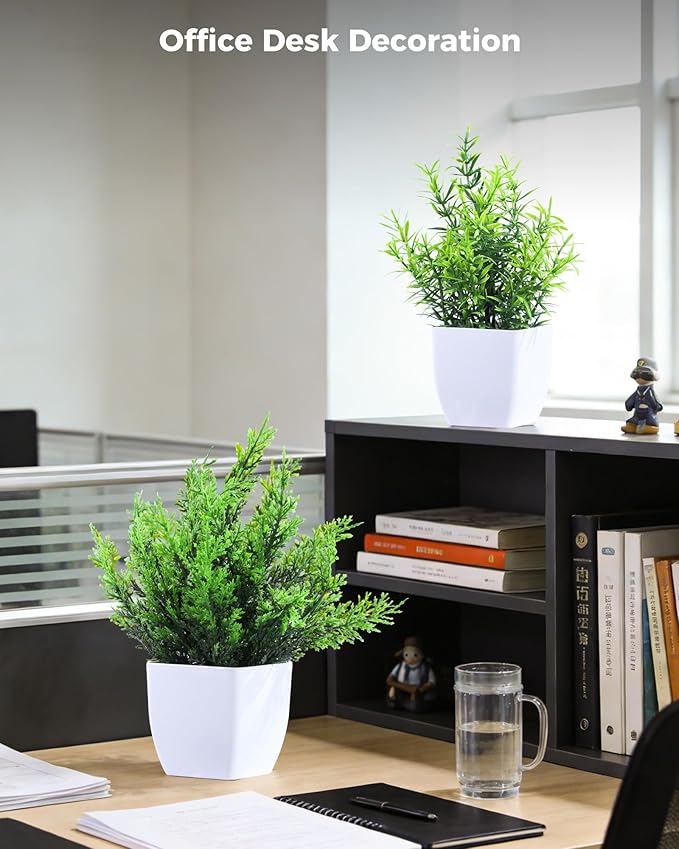 Clearain 6 Pack Small Fake Plants Mini Artificial Potted Plants for Table Desk Home Laundry Room Bathroom Office Decoration (White)