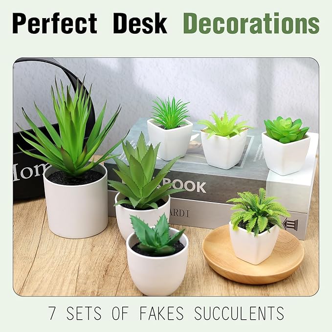 7 Pack Small Fake Plants Artificial Succulent Plants in White Pots Artificial Greenery for Room Home Bathroom Bedroom Office Modern Decor