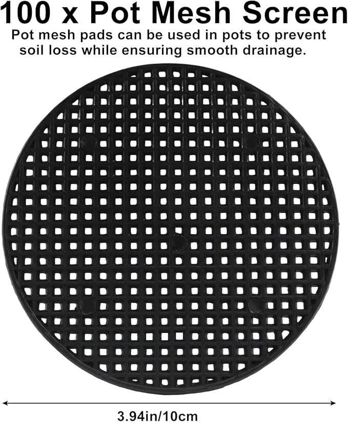 10 Pcs 4" Plant Pot Mesh Round Hole Cover, 100mm Black Plant Pot Drainage Mesh Discs Bottom Liners for Bonsai/Flower Pots, Soil Retention Grid Mats