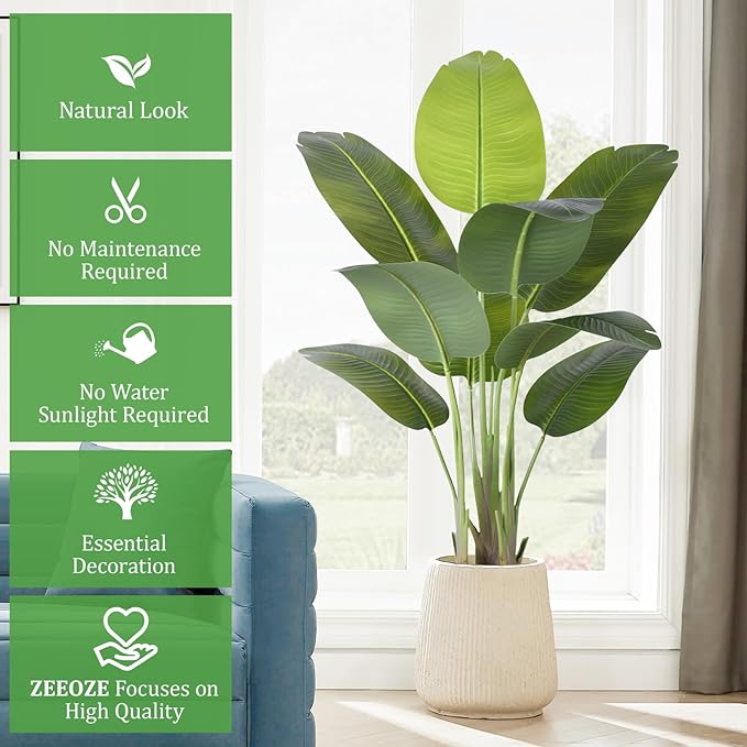 Artificial Bird of Paradise Plant 4Ft Tall Fake Tropical Palm Tree Large Fake Plants with 9 Silk Banana Leaves Faux Plant Indoor Decor Trees with White Pot for Home Bedroom Living Room Office（2pcs）