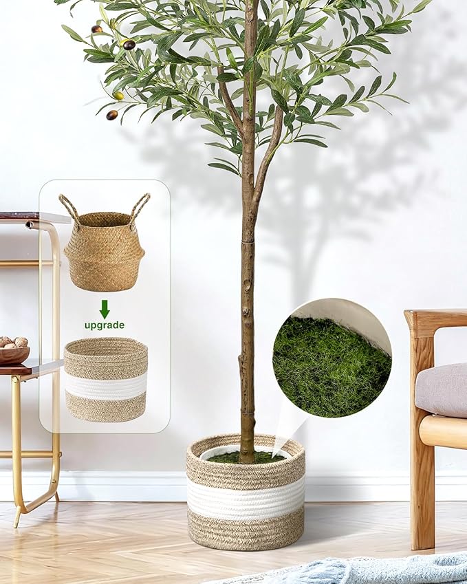 6FT Artificial Olive Tree - Indoor Tall Faux Olive Trees with Planter&Basket, Large Fake Olive Silk Tree Realistic Olive Plants with Branches and Fruits for Home Decor Office Living Room