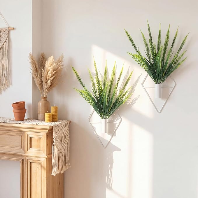 Canlierr 2 Pieces Wall Decor Hanging Planters with Artificial Plants Metal Hanging Vase Indoor Plants Holder Modern Boho Wall Art for Bathroom Bedroom Living Room Decor(White,Boston Fern)
