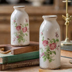 Vintage Rose-Floral Small Ceramic Vase Set, Retro Rustic Farmhouse Cute Flora Vase Gift, Art Décor for Your Home, Kitchen, Bedroom, Office, Living Room, Bathroom & Shelf Centerpiece Table Decorations