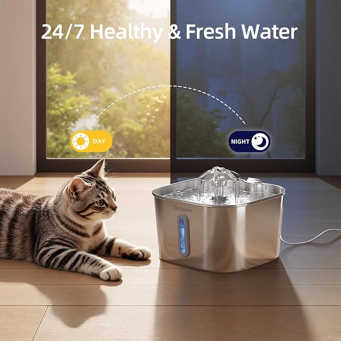 Cat Water Fountain Stainless Steel：74oz/2.2L SARPAWS Water Fountains for Cats Indoor, Cat Fountains for Drinking, Ultra-Quiet, Water Level Window, Pet Water Fountain - 6 Filters + 3 Sponges