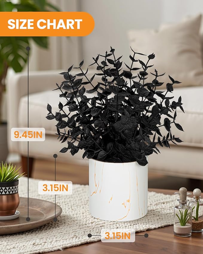 Taybonds 2 Pack Black Fake Eucalyptus Plants Potted, Small Artificial Plants in Marble Ceramic Pots, Black Christmas Decor for Shelf Desk Office Bathroom, Gothic & Minimalist Winter Home Decoration