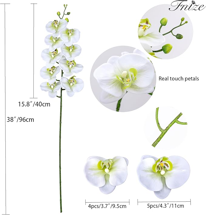 Fnize Faux Orchid Stems Real Touch Artificial Phalaenopsis Flowers Latex Petals 38 Inches 2pcs (Green White)