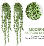 Tiita Artificial Succulents Hanging Plants, Faux String of Pearls Plants for Home Office Accessories Window Sill Bathroom Bedroom Fake in White Ceramic Pots, Set of 2