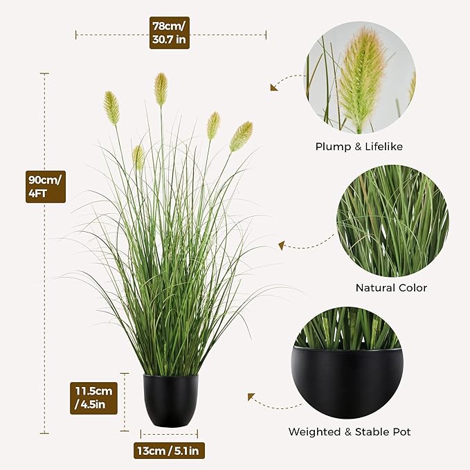 3FT / 4FT Extra Lush Artificial Plant (2pcs), Luxury Fake Tall Plants with Pot, Luxury Faux Tall Greenery with Dogtail for Garden Porch and Home Decor (Green, 3FT)