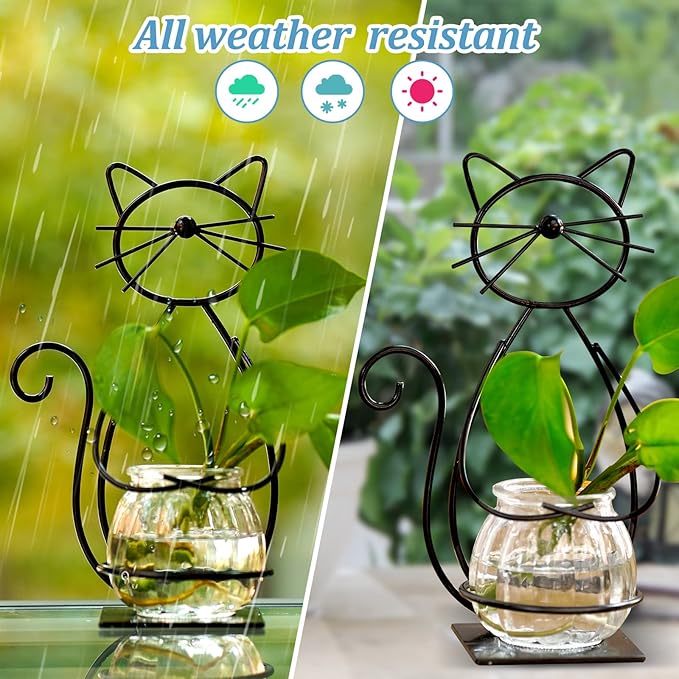 Desktop Glass Planter Vase Holder, Metal Cat Plant Terrarium Stand for Plants Creative Decorations for Home Patio Lawn Garden