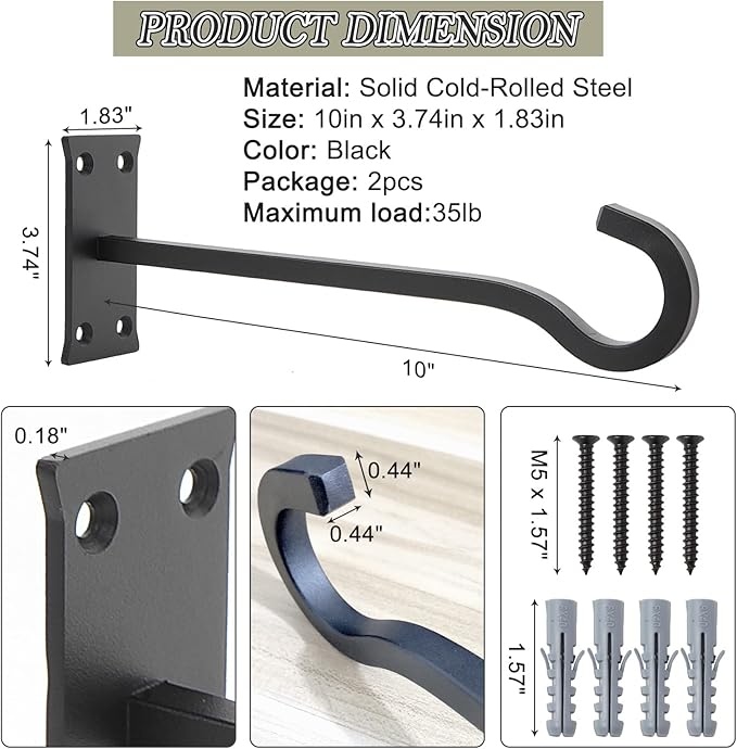 QIEGL 10inch Heavy Duty Plant Hangers Outdoor or Indoor Bird Feeder Hanger Shepherd Hooks 2pcs Black Metal Wall Hook for Hanging Plant Bracket, Lantern, Flower Basket, Wind Chimes