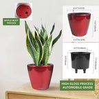 Dexceder 9x8 Self Watering Planter (Red High Gloss) | Inner Pot Design, Thickened Table Flower Plant Pot with Water Level Indicator Indoor Outdoor