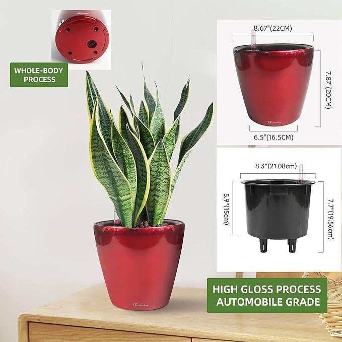 Dexceder 9x8 Self Watering Planter (Red High Gloss) | Inner Pot Design, Thickened Table Flower Plant Pot with Water Level Indicator Indoor Outdoor