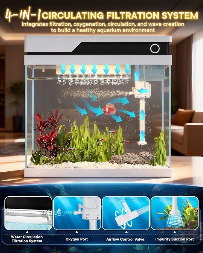 Vehipa Fish Tank, Smart Fish Aquarium Kit 7 Gallon with Auto Feeder, Humidifier, 4-in-1 Silent Pump, Adjustable Lighting & Temperature Display for Desktop, Office, Room