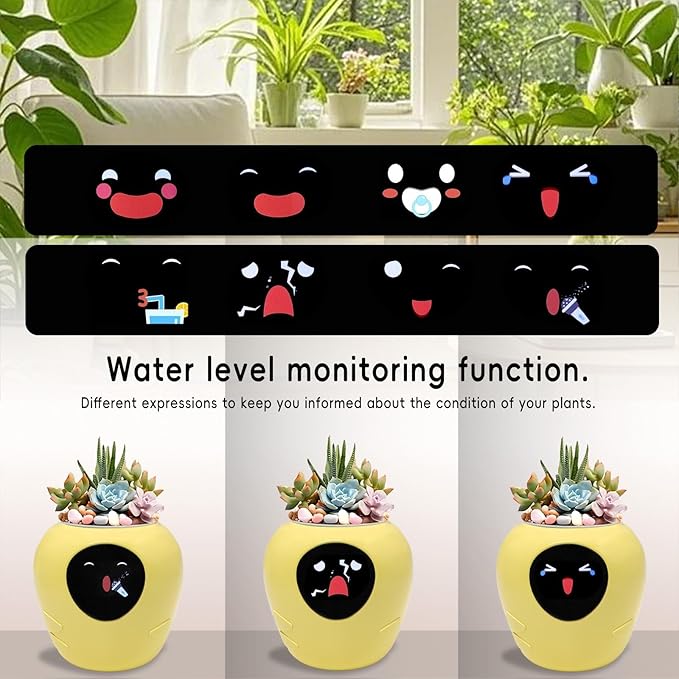 Smart Plant Pot with Expression, AI Intelligent Flower Pot for Indoor Decoration, Smart Garden Pot with Water/Light/Temperature Sensors, Ivy AI Planter (Yellow（Big）)