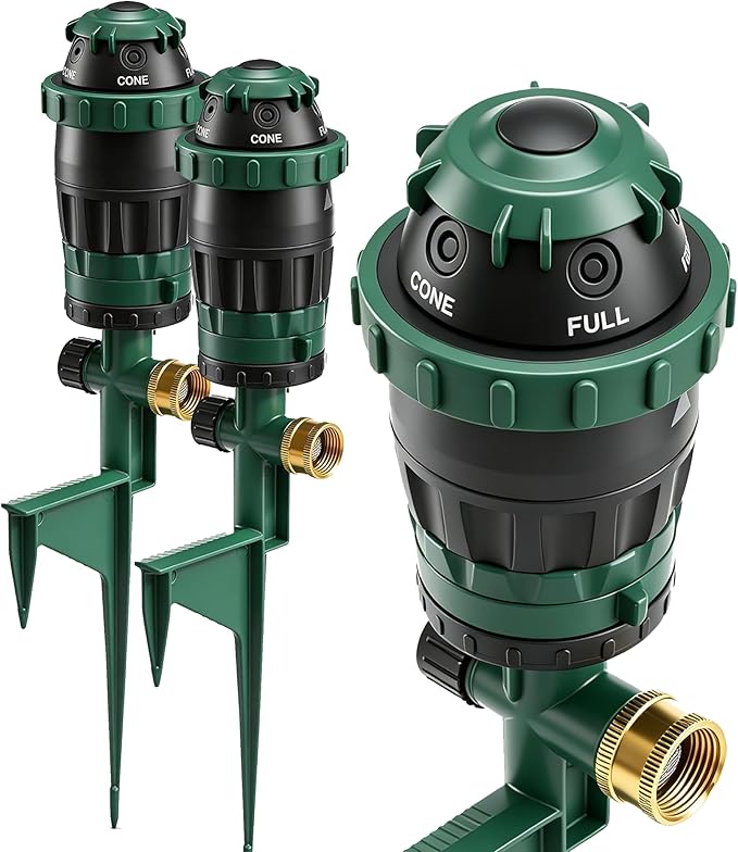 LIULO TOOL 2-Pack Gear Drive Sprinklers for Yard, 360 Degree Garden Water Sprinkler Head on Spike Base with 3/4 Inch Adapters, 5 Modes Adjustable Irrigation Tool for Large Area Yard Lawn Garden