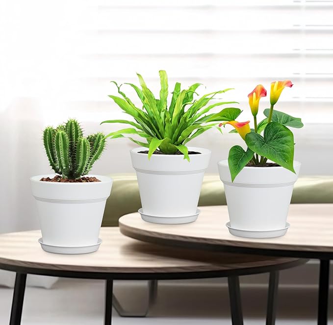Meowell 6 inch Plastic Nursery Pots, 16 Pack Plant Pots for Indoor Outdoor Plants, Flower Pots with Drainage Holes and Saucers, Decorative Seedling Starter Planters for House Plants, White