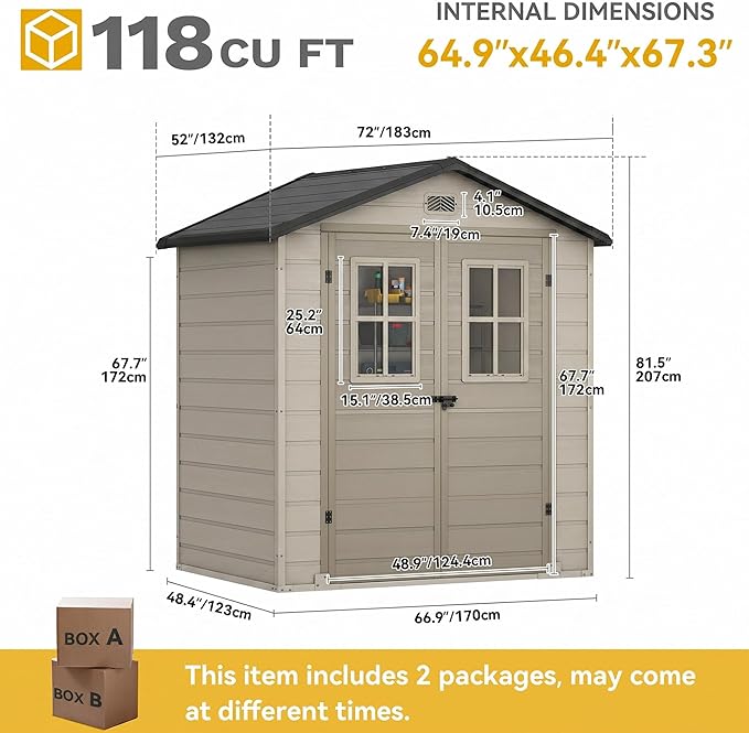 DWVO 6x4.4 FT Outdoor Storage Shed, Plastic Garden Tool Shed with 2 Windows, Double-Wall Outside Shed for Lawn Mower, Garden Shed for Backyard Patio, Lockable, Greige&Gray