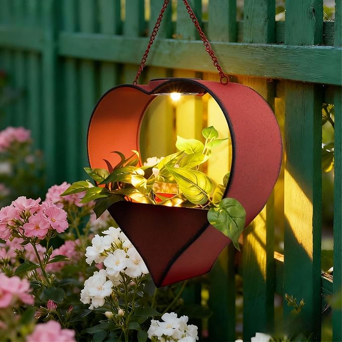 Hanging Planter Outdoor with Auto-On/Off Solar Lights, Metal Heart Shaped Flower Pot for Garden, Patio, Porch, Balcony Decor, Garden Gifts for Women, Mom, Wife, Gardeners (Rust)