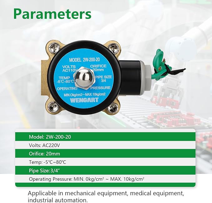 Wengart 3/4" Electric Solenoid Valve 110V AC, Brass Normally Closed (NC) Water Valve, Direct Acting for Zero Pressure Systems (0 PSI), High Flow Cv 7.6, Reliable Control for Water, Air, Gas & Oil