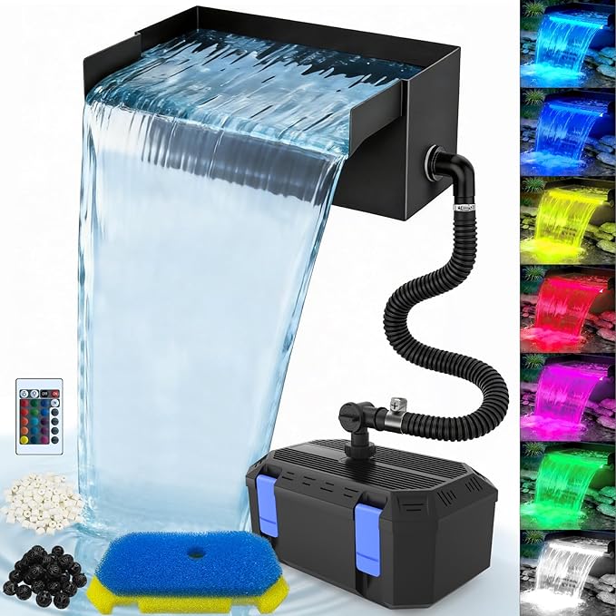 All-in-1 Pond Waterfall Kit | 35W 550GPH Pond Filter Pump with 8" Stainless Steel Spillway | Remote Control LED Lights | 4-Stage Filtration System for Backyard Garden & Outdoor Water Feature