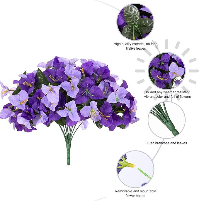 Bouganivillea Spring Artificial Flowers for Outdoors, 4 Bundles Fake Bougainvillea UV Resistant Silk Flowers for Outside Faux Outdoor Plants for Planter Patio Porch Window Garden Home, Mixed Purple
