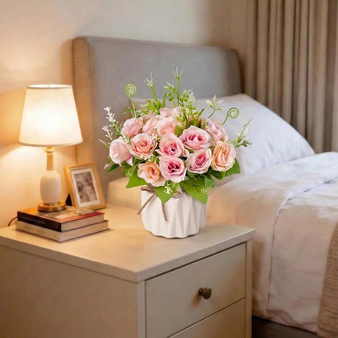 Artificial Flowers Fake Roses and Small CeramicVase,Artificial Plants & Flowers,Desktop Decoration，Suitable for Dining Tables, Living Rooms, bedrooms, Offices, Gifts, Weddings (Pink)