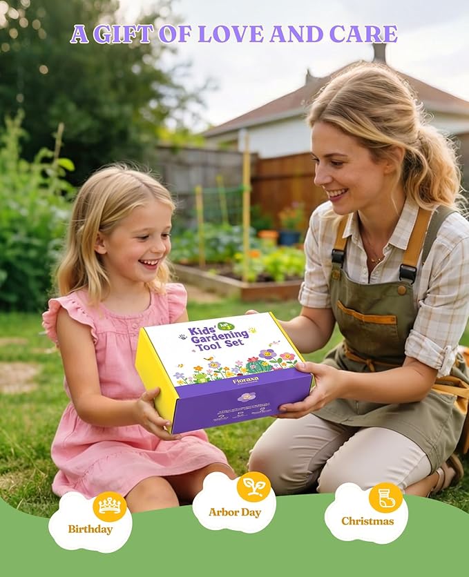 8Pcs Kids Gardening Set with Metal Basket & Real Metal Tools, STEM Outdoor Exploration Kit, Ergonomic Wooden Handles, 3 Shovels, Rake, Watering Can, Gloves, Tote Bag, Toy Gift for Toddler Boys Girls