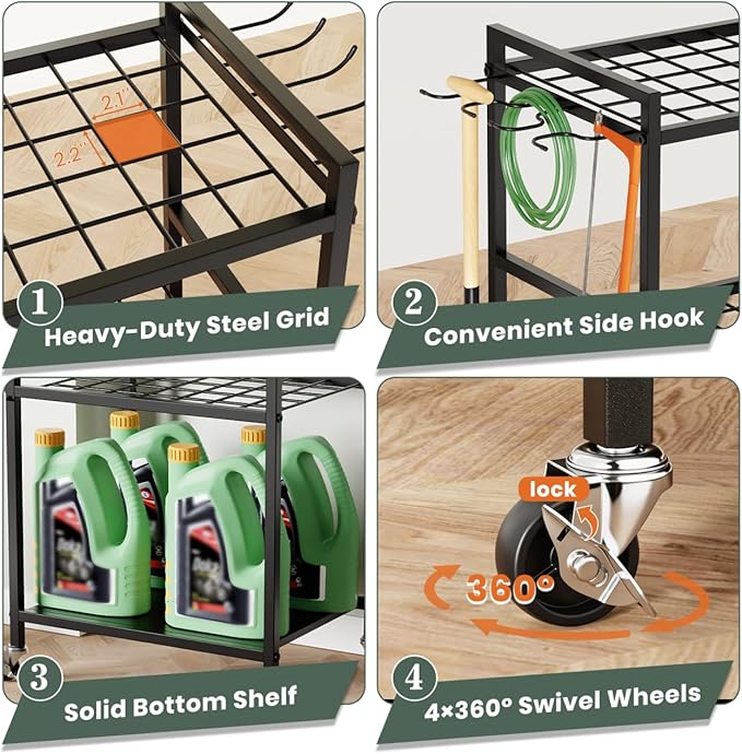 SPACECARE Garden Tool Organizer with Wheels, Yard Tower Rack for Garage Organization and Storage, Up to 35 Long-Handled Tools/Rakes/Brooms, Heavy Duty Steel Garden Tool Stand for Shed, Outdoor, Black