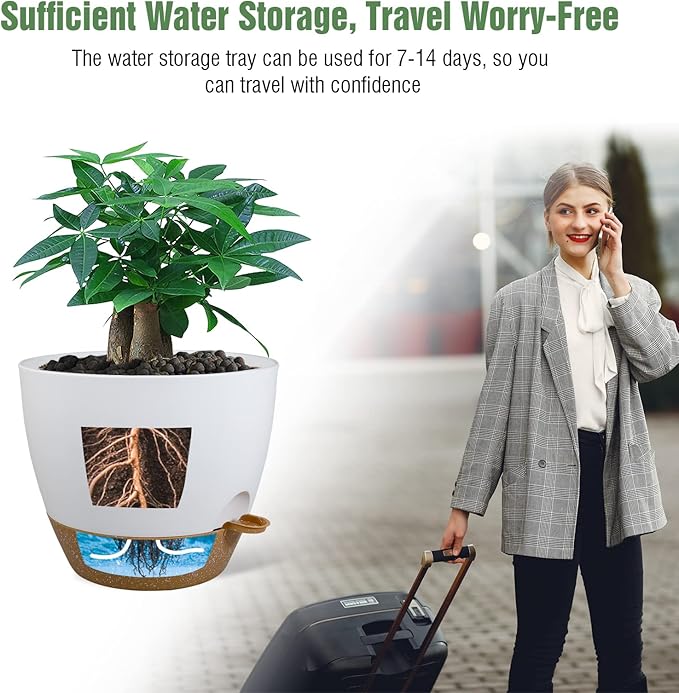UOUZ 12 inch Large Self Watering Pots, Plastic Planters with 60oZ Removable Deep Reservoir and Multi Mesh Drainage Holes for Indoor Outdoor Garden Plants and Flowers, White with Brown