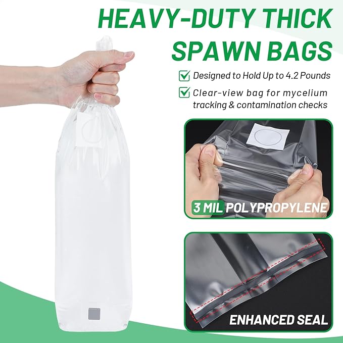 GREANER 3 Mil Mushroom Bag 25PCS, 4"x3"x20" Thick Durable Spawn Bag with Injection Ports, 0.2 Micron Porosity Resistant High Pressure Mushroom Growing Supplies