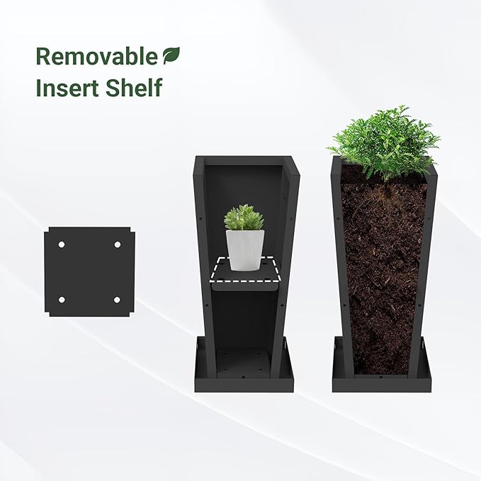 Metal Tall Planters 20 inch Set of 2, Durable Taper Planter with Drainage Holes & Rust-Proof Coating & Trays for Outdoor Indoor Garden Patio Front Door (Black)